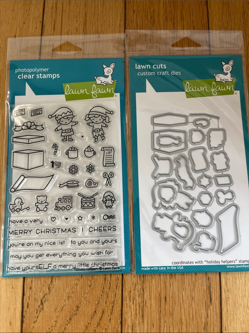Lawn Fawn Holiday Helpers Clear Stamps & Die Set in Teal Packaging